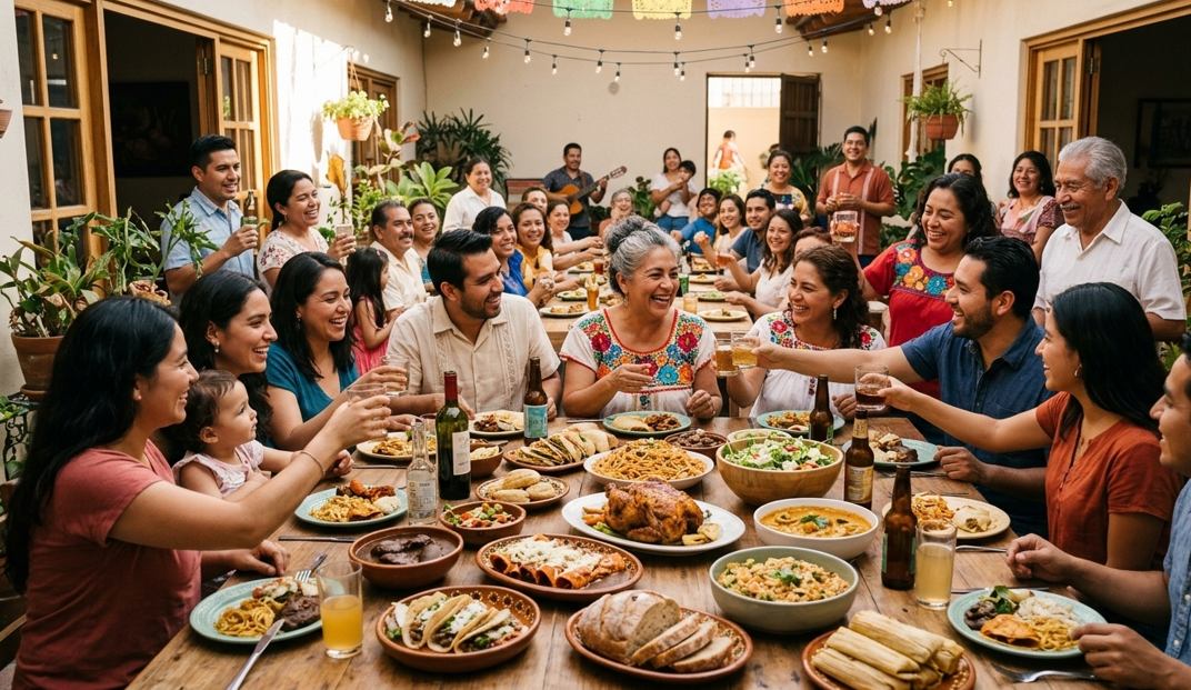 Familia reunida disfrutando una mesa llena de platos hechos en AirFryer